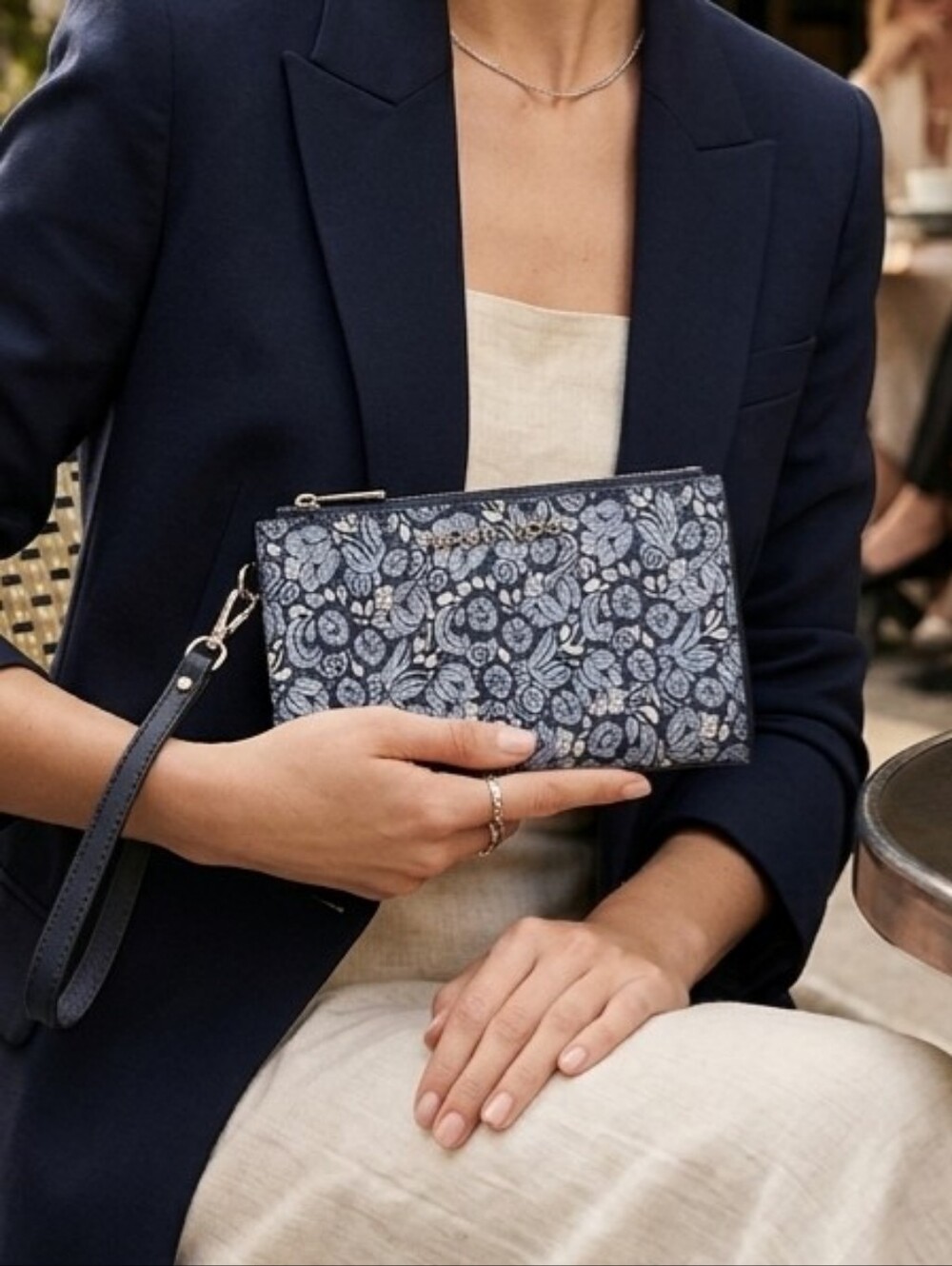 Michael Kors Navy Blue Floral Dual Zip Bifold Phone Wallet Saffiano Leather